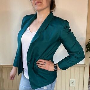 Vintage Evan Picone Silk Emerald Blazer  Lined Front Button Single Breasted